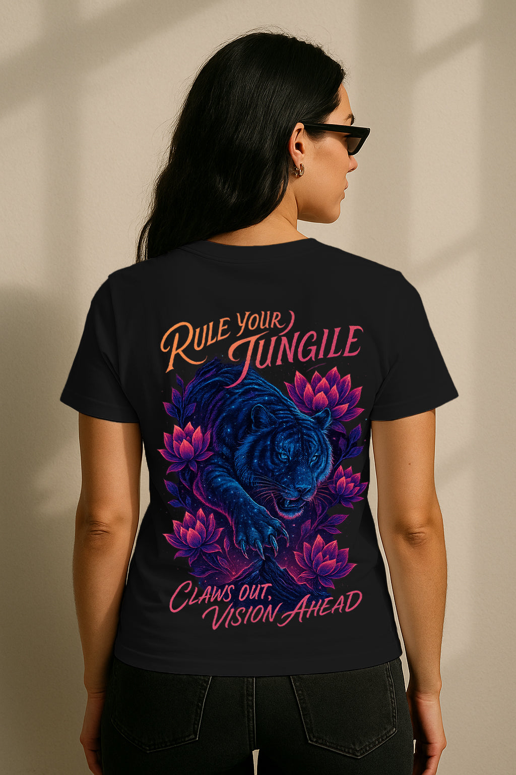 Rule Your Jungle Tiger Graphic T-Shirt for Women – Motivational “Claws Out, Vision Ahead” Streetwear Tee