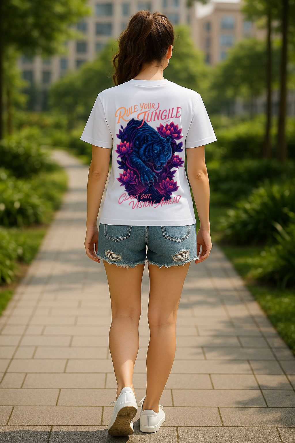 Rule Your Jungle Tiger Graphic T-Shirt for Women – Motivational “Claws Out, Vision Ahead” Streetwear Tee