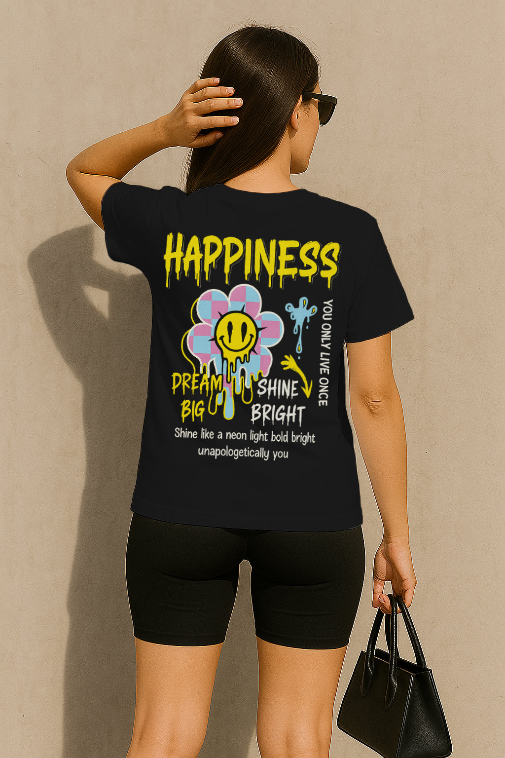 Happiness Graphic T-Shirt for Women – “Dream Big, Shine Bright” Smiley Flower Streetwear Tee