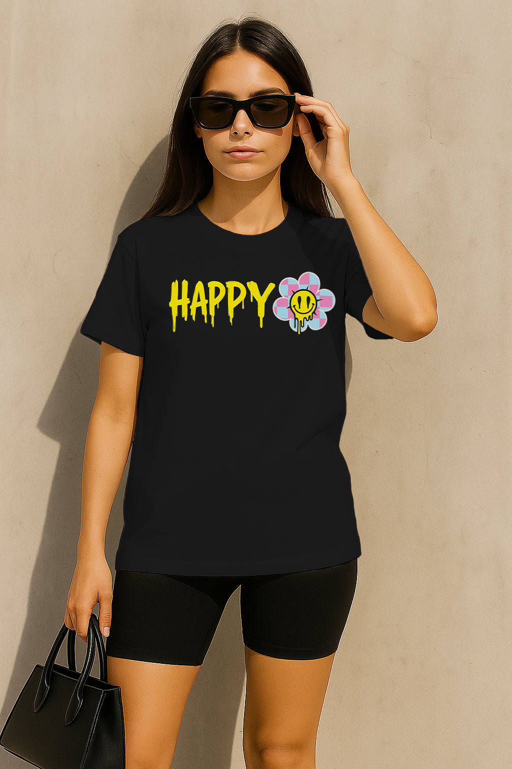 Happiness Graphic T-Shirt for Women – “Dream Big, Shine Bright” Smiley Flower Streetwear Tee
