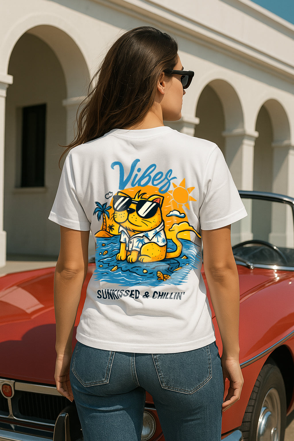 Vibes Sunkissed & Chillin’ Cat Graphic T-Shirt for Women – Beach Summer Streetwear Tee