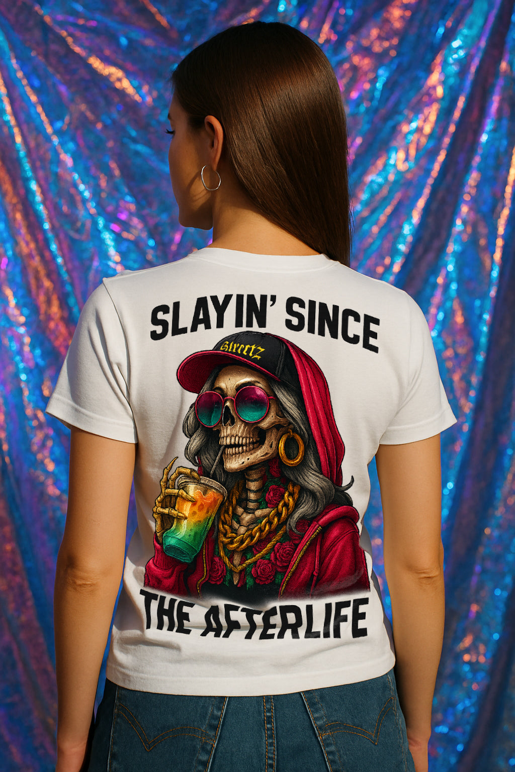 Slayin’ Since the Afterlife Women’s Graphic T-Shirt – Hip-Hop Skull Queen Streetwear Tee