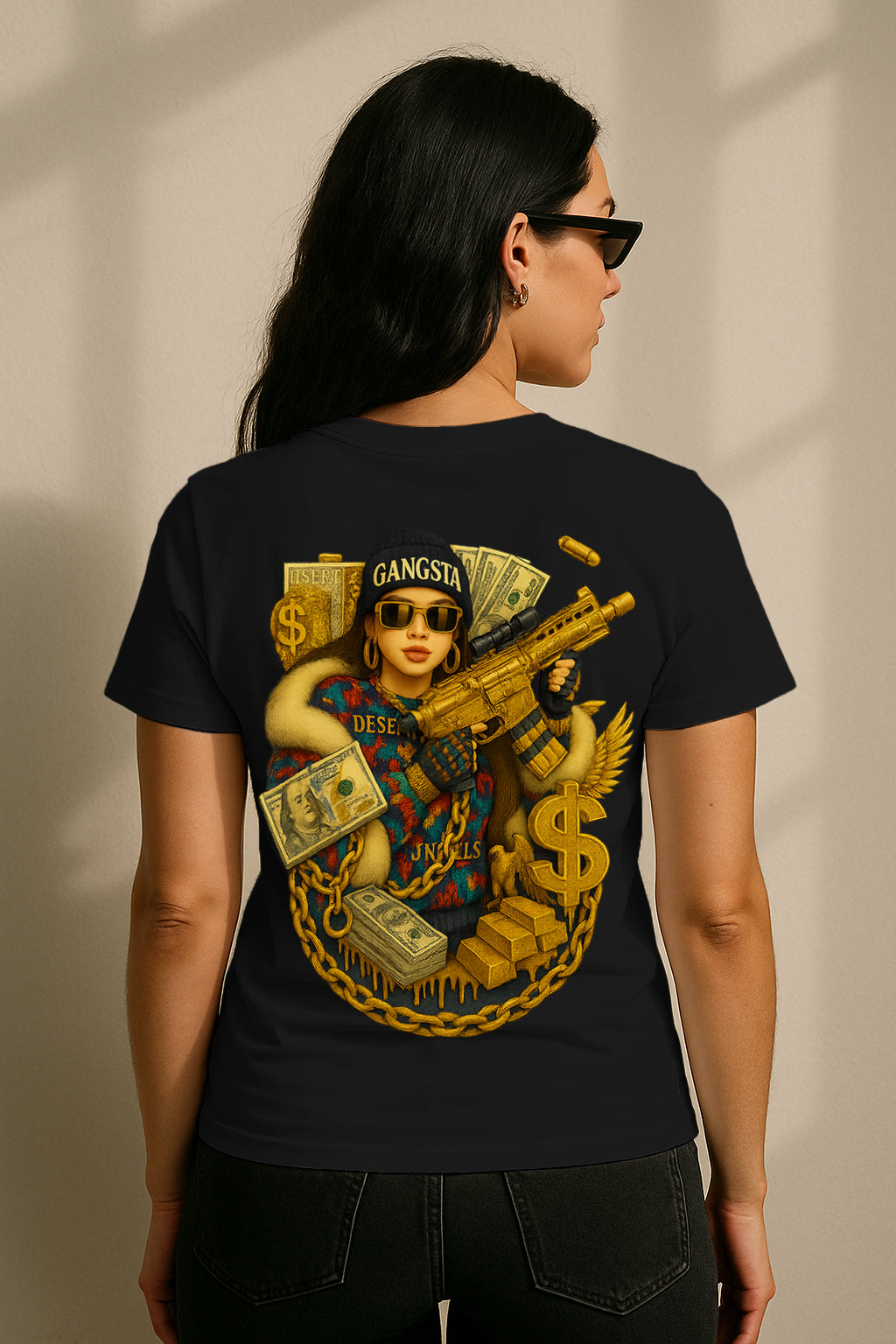 Gangsta Glam Women’s Graphic T-Shirt – Hip-Hop Money & Chains Streetwear Tee