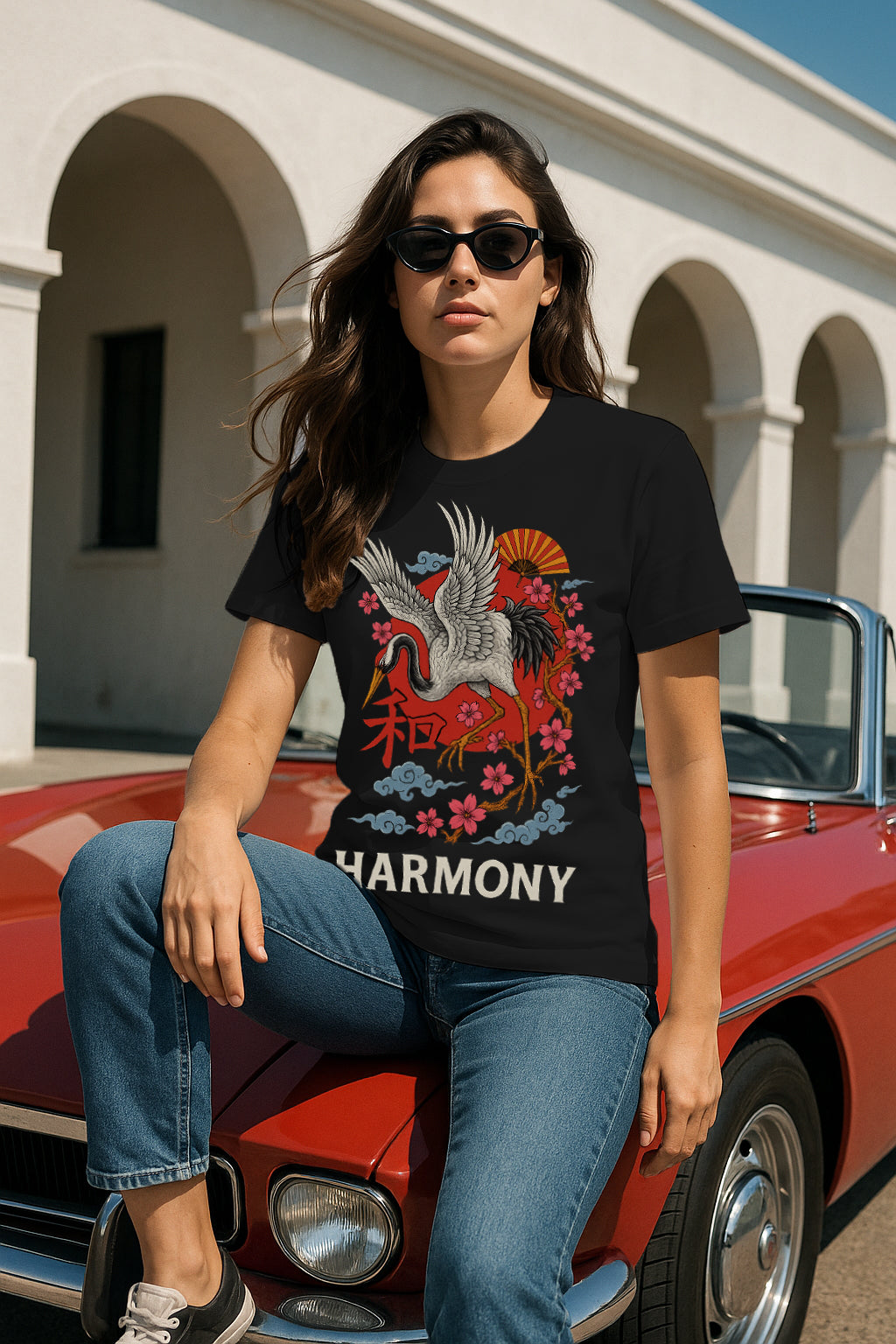 Harmony Japanese Crane Sakura Graphic T-Shirt for Women – Kanji ? Zen Streetwear Tee