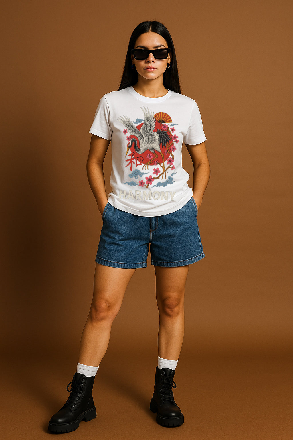 Harmony Japanese Crane Sakura Graphic T-Shirt for Women – Kanji ? Zen Streetwear Tee