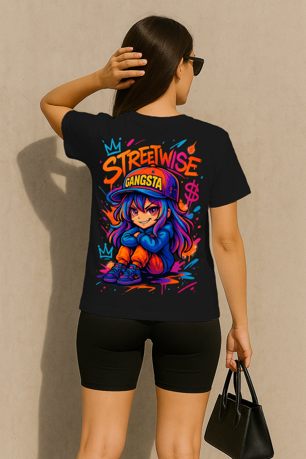 Streetwise Gangsta Women’s Graphic T-Shirt – Neon Graffiti Anime Girl Streetwear Tee