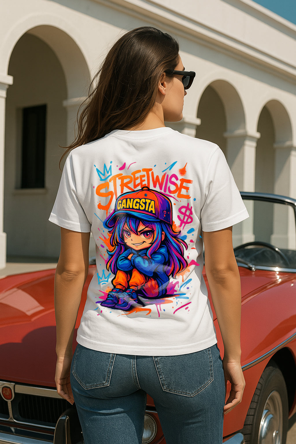 Streetwise Gangsta Women’s Graphic T-Shirt – Neon Graffiti Anime Girl Streetwear Tee