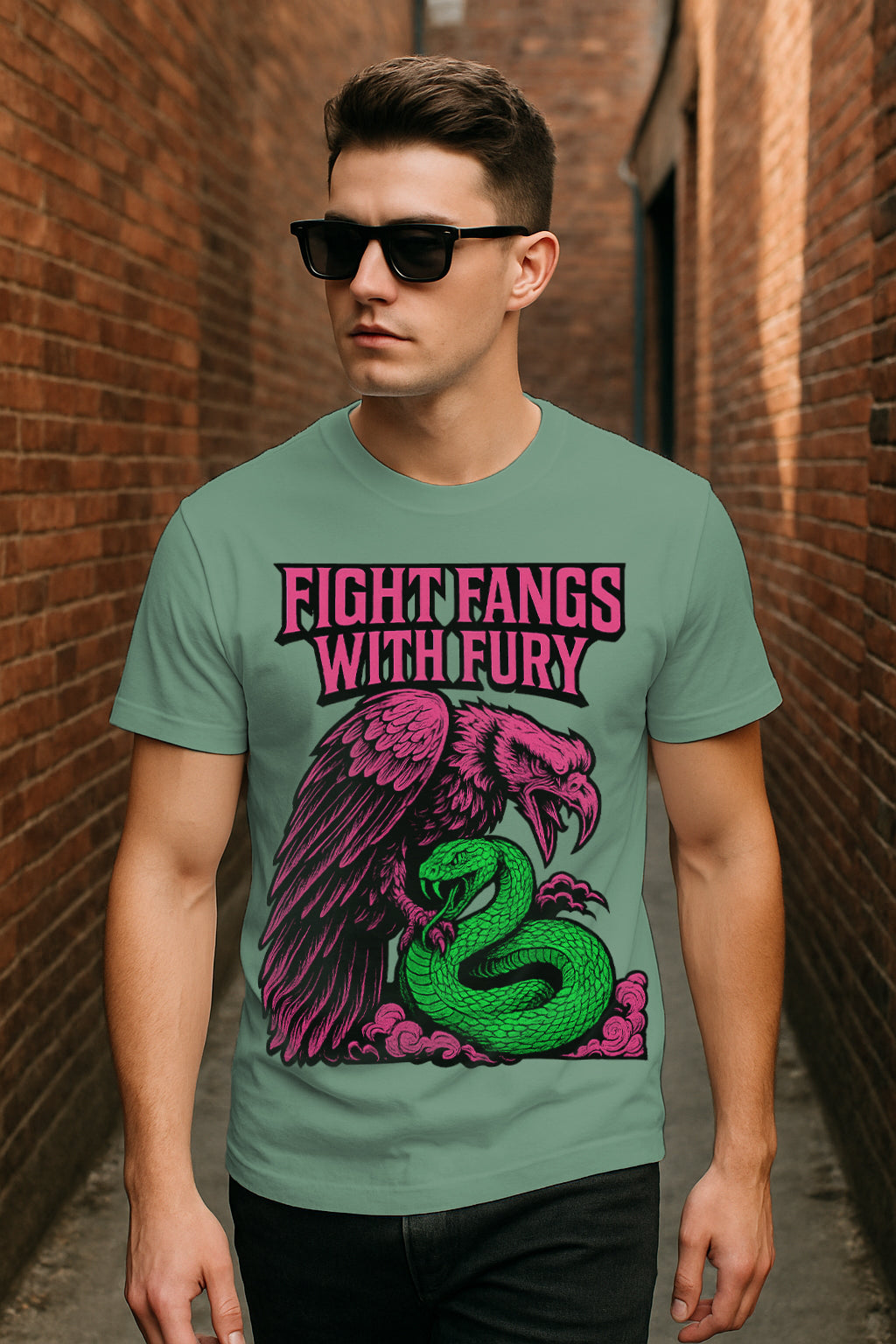 Fight Fangs With Fury Graphic T-Shirt | Eagle vs. Serpent Vintage Tattoo Art, 100% Cotton Regular Fit