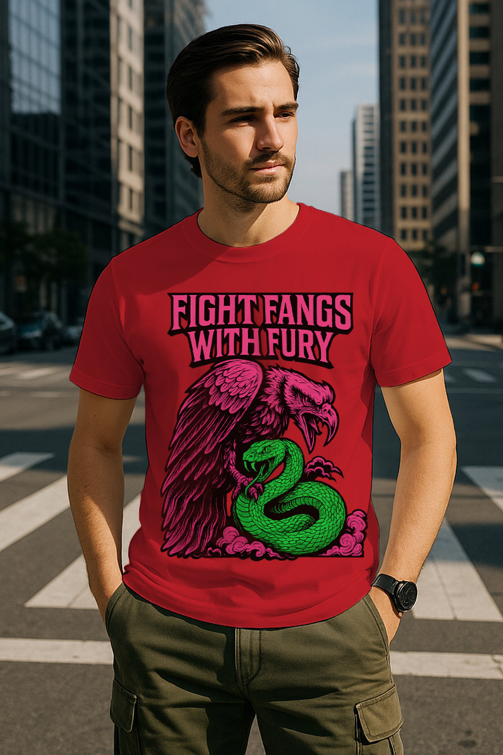 Fight Fangs With Fury Graphic T-Shirt | Eagle vs. Serpent Vintage Tattoo Art, 100% Cotton Regular Fit