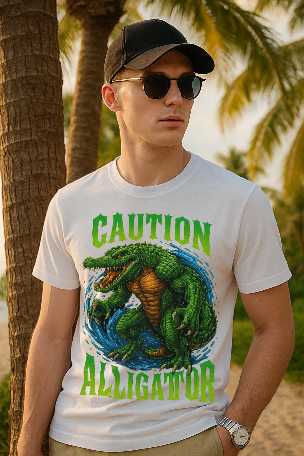 Regular Fit Caution Alligator Graphic T-Shirt | Retro Monster Gator Tee, 100% Cotton
