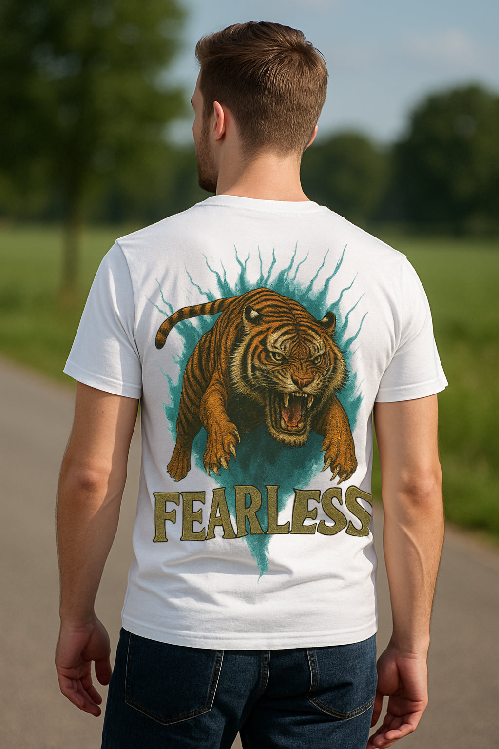 Regular Fit Fearless Tiger Back-Print Graphic T-Shirt | Vintage Jungle Cat Art, 100% Cotton