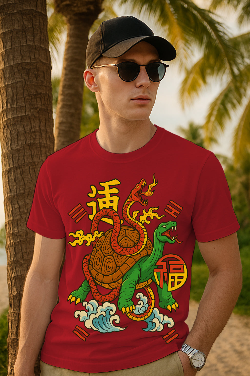 Chinese Guardian Tortoise & Snake Tee – Xuanwu Lucky Artwork, Regular Fit Cotton