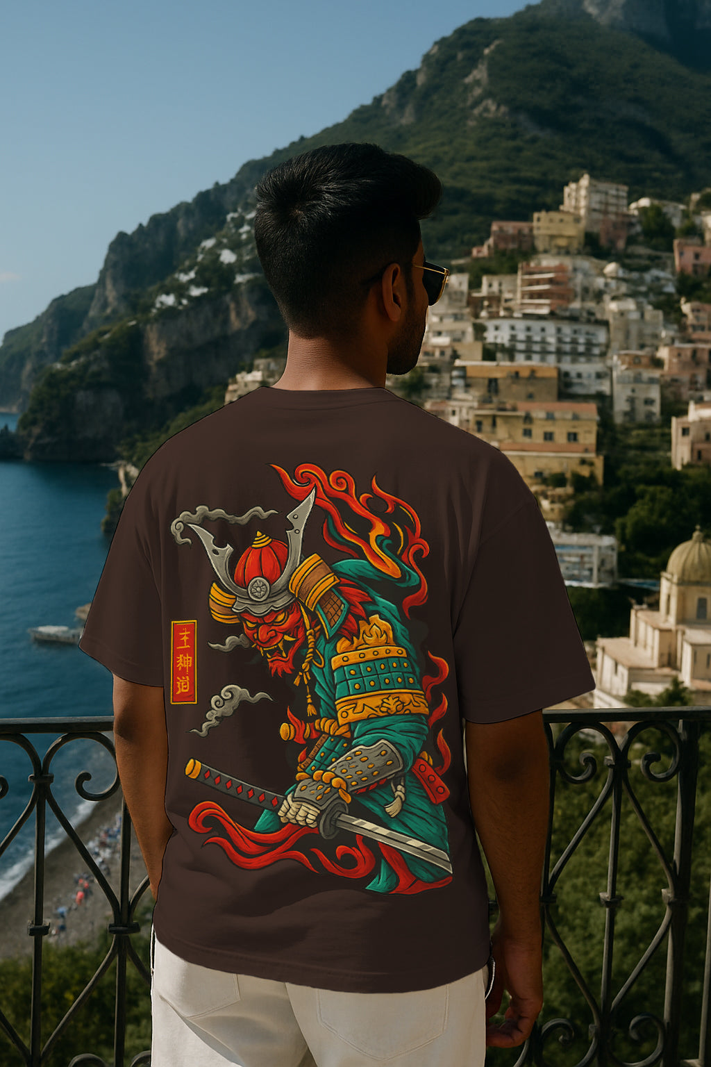Flame Samurai Oversized Graphic T-Shirt – 240 GSM Terry Cotton (Japanese Back Print)