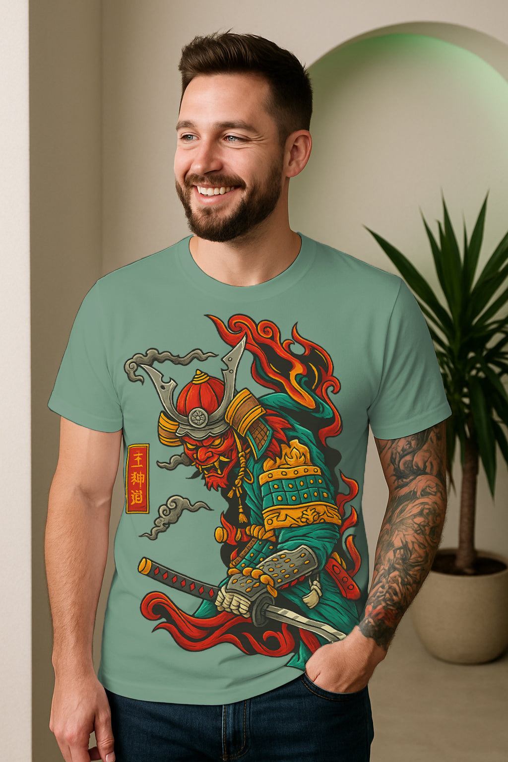 Oni Samurai Katana Graphic T-Shirt | Japanese Warrior Art, 100% Cotton Regular Fit
