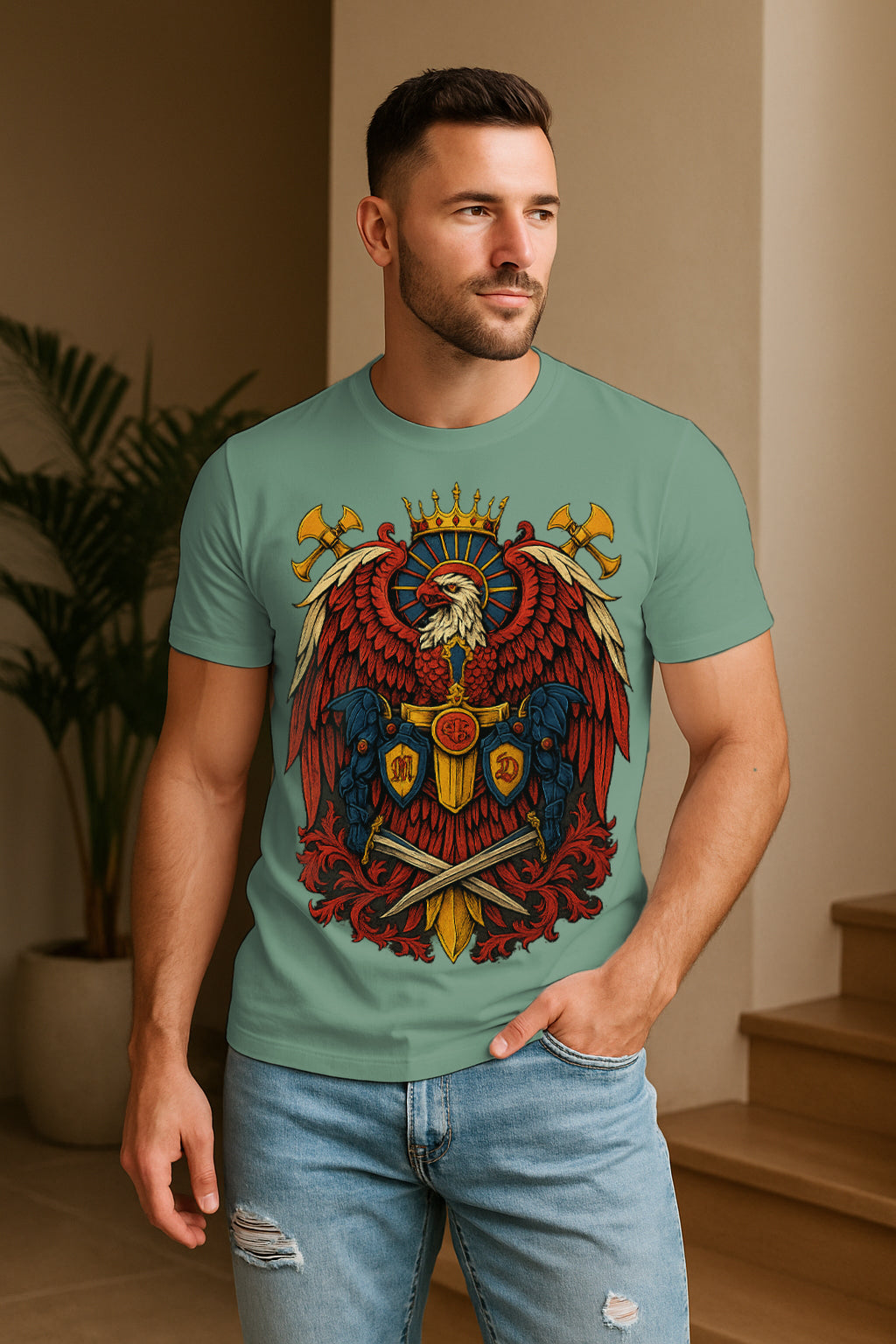 Royal Eagle Crest Graphic T-Shirt | Heraldic Crown & Swords Design, 100% Cotton Regular Fit