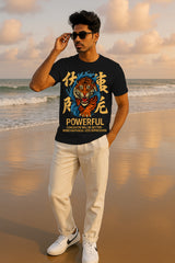 Powerful Tiger Motivational Graphic T-Shirt | Japanese Kanji Streetwear Tee | 100% Cotton Regular Fit | Unisex Graphic Tee for Men