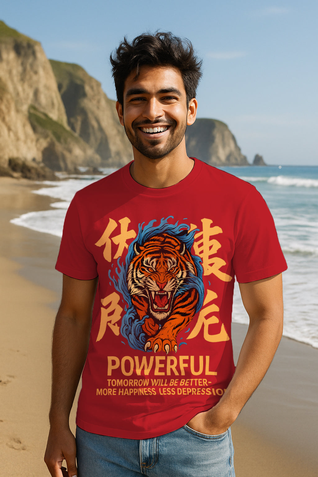 Powerful Tiger Motivational Graphic T-Shirt | Japanese Kanji Streetwear Tee | 100% Cotton Regular Fit | Unisex Graphic Tee for Men