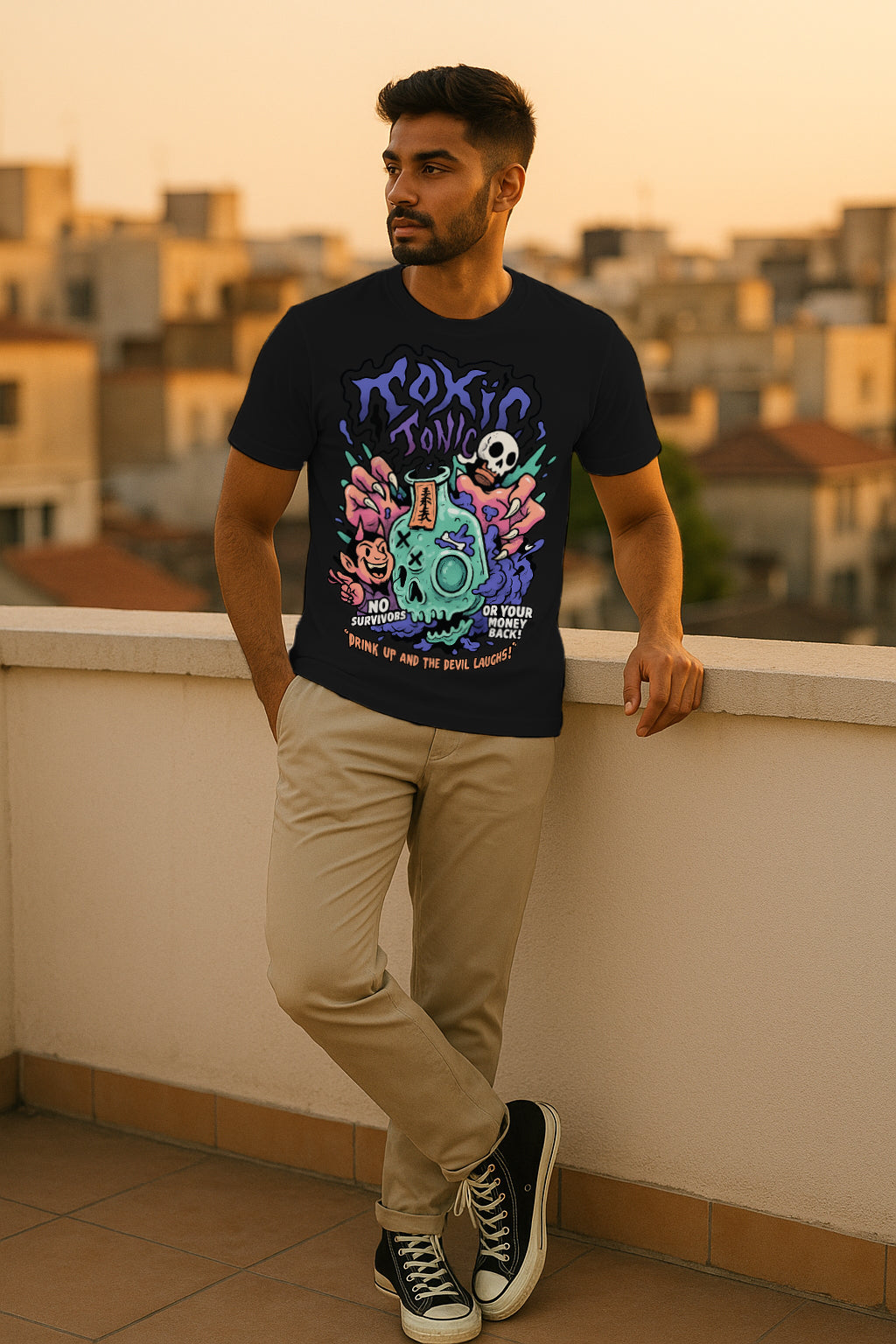 FanMerch “Toxic Tonic” Skull Graphic T-Shirt – 100% Cotton Regular Fit Streetwear Tee