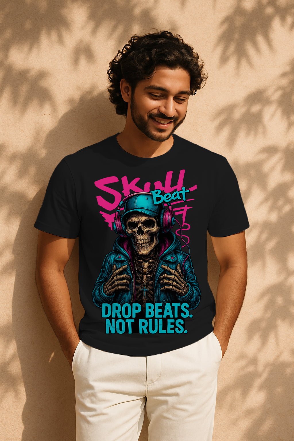 “Drop Beats, Not Rules” Skull DJ Graphic T-Shirt – Music Streetwear Tee, 100% Cotton Regular Fit
