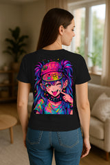 Neon Wink Anime Girl Graphic T-Shirt for Women – Kawaii Harajuku Streetwear Tee
