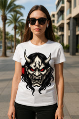Japanese Oni Mask Hannya Demon Women’s Graphic T-Shirt – Samurai Streetwear Tee