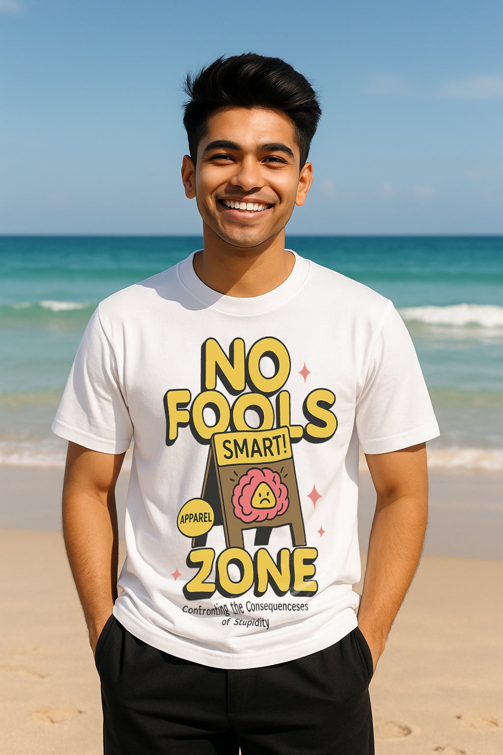 “No Fools Zone” Smart Brain Graphic T-Shirt – Funny Slogan Streetwear, 100% Cotton Regular Fit