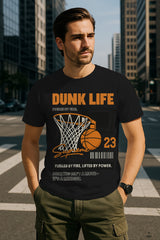 “Dunk Life 23” Basketball Graphic T-Shirt – Hoop Net & Ball Print, 100% Cotton Regular Fit Sports Streetwear Tee