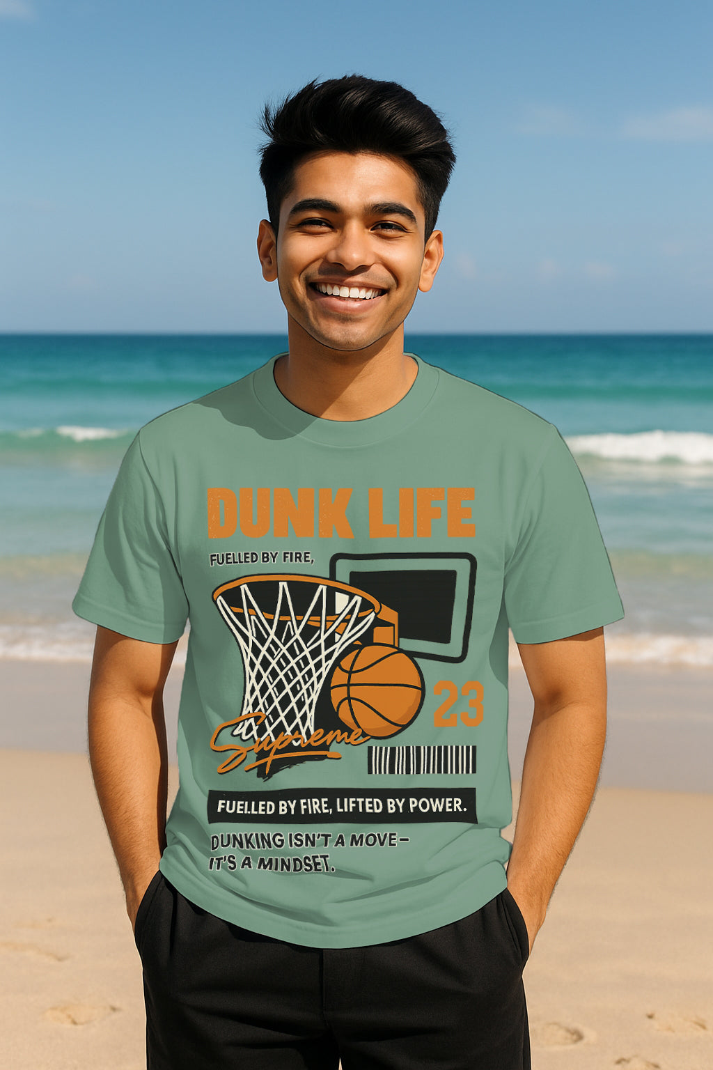 “Dunk Life 23” Basketball Graphic T-Shirt – Hoop Net & Ball Print, 100% Cotton Regular Fit Sports Streetwear Tee