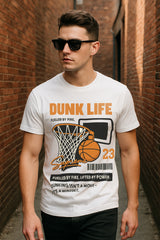 “Dunk Life 23” Basketball Graphic T-Shirt – Hoop Net & Ball Print, 100% Cotton Regular Fit Sports Streetwear Tee
