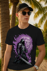 “Shadow Knight & Lion Spirit” Graphic T-Shirt – Mythic Warrior Print, 100% Cotton Regular Fit Streetwear Tee