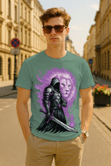 “Shadow Knight & Lion Spirit” Graphic T-Shirt – Mythic Warrior Print, 100% Cotton Regular Fit Streetwear Tee