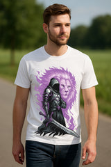 “Shadow Knight & Lion Spirit” Graphic T-Shirt – Mythic Warrior Print, 100% Cotton Regular Fit Streetwear Tee
