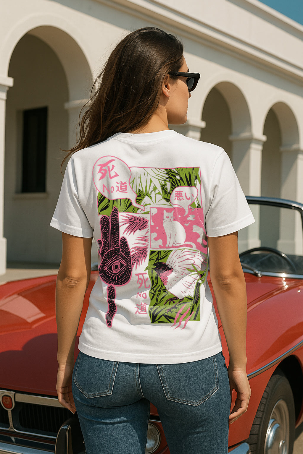 Mystic Manga Panels Women’s Graphic T-Shirt – Third Eye Hand, Black Cat, Japanese Aesthetic Streetwear