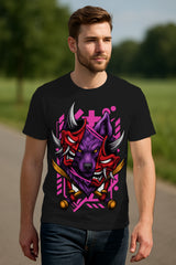 “Oni Wolf Samurai” Mask Graphic T-Shirt – Japanese Katana Streetwear Print, 100% Cotton Regular Fit Tee