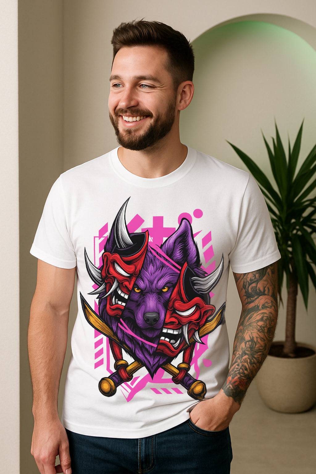“Oni Wolf Samurai” Mask Graphic T-Shirt – Japanese Katana Streetwear Print, 100% Cotton Regular Fit Tee