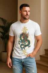 “Qinglong Dragon” Chinese Mythic Graphic T-Shirt – Hanzi Cloud Print, 100% Cotton Regular Fit Streetwear Tee