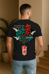 “Tidal Wave” Japanese Back Graphic T-Shirt – Kanji Wave, Torii & Crane Print, 100% Cotton Regular Fit Streetwear Tee