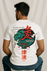 “Tidal Wave” Japanese Back Graphic T-Shirt – Kanji Wave, Torii & Crane Print, 100% Cotton Regular Fit Streetwear Tee