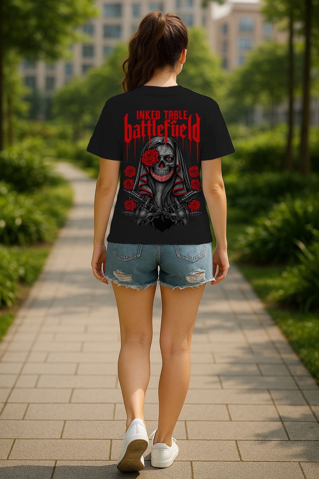 Inked Battlefield Rose Skull Women’s Graphic T-Shirt – Gothic Tattoo Art Tee