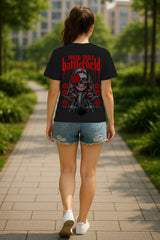 Inked Battlefield Rose Skull Women’s Graphic T-Shirt – Gothic Tattoo Art Tee