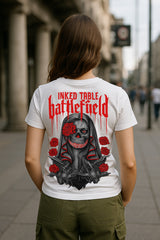 Inked Battlefield Rose Skull Women’s Graphic T-Shirt – Gothic Tattoo Art Tee