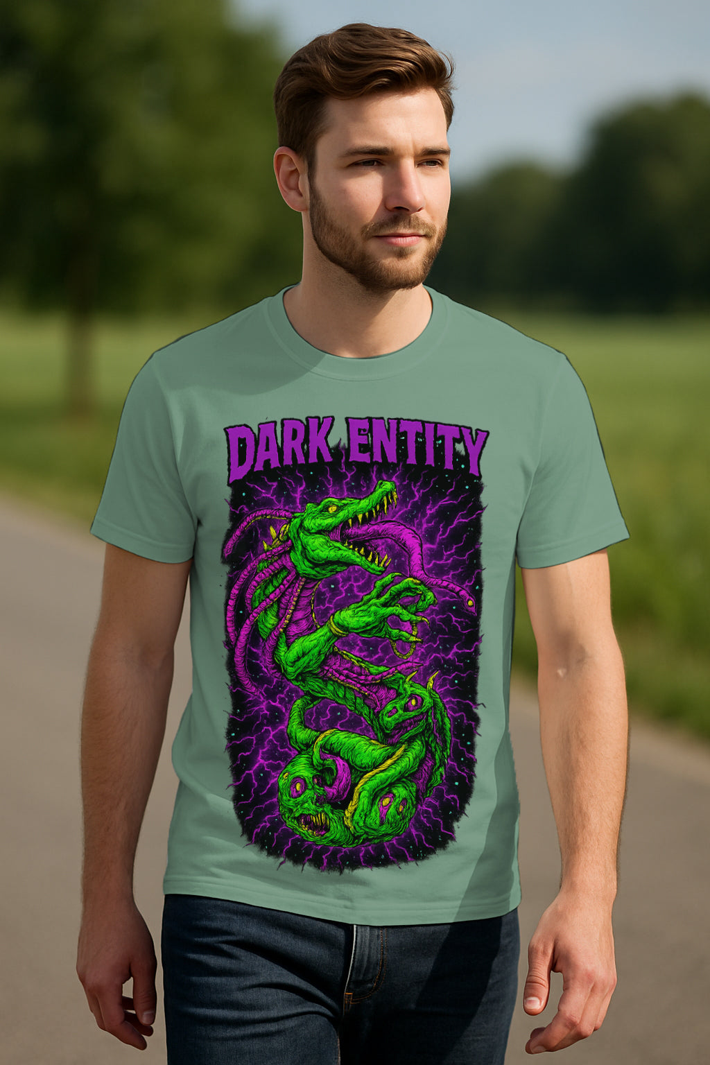 “Dark Entity” Cosmic Horror Monster Graphic T-Shirt – Neon Lightning Art, 100% Cotton Regular Fit Streetwear Tee