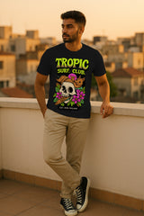 “Tropic Surf Club” Skull & Flowers Beach Graphic T-Shirt – Good Vibes Surf Streetwear, 100% Cotton Regular Fit Tee