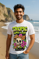 “Tropic Surf Club” Skull & Flowers Beach Graphic T-Shirt – Good Vibes Surf Streetwear, 100% Cotton Regular Fit Tee