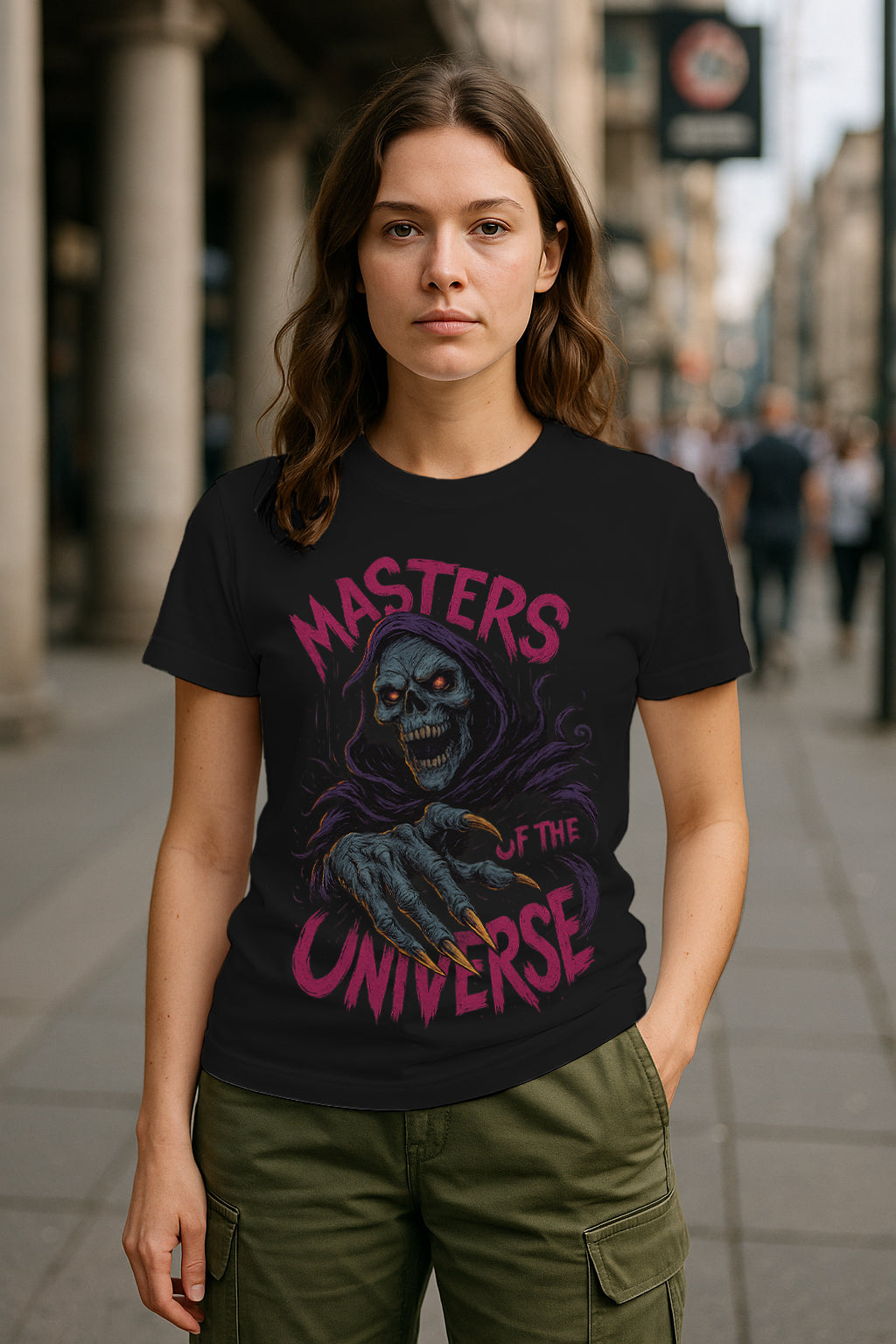 Cosmic Lich Women’s Graphic T-Shirt – Retro Horror Streetwear, Skull Reaper Hand