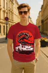 “Dragon & Red Sun Street Racer” JDM Supercar Graphic T-Shirt – Japanese Dragon Car Enthusiast Tee, 100% Cotton Regular Fit