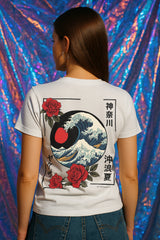 Great Wave & Roses Women’s Graphic T-Shirt – Japanese Ukiyo-e Red Sun Streetwear