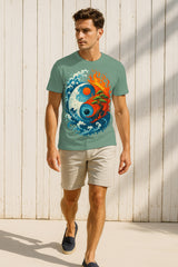“Yin-Yang Waves & Fire Bonsai” Zen Balance Graphic T-Shirt – Tao Symbol Ocean & Flame Art, 100% Cotton Regular Fit Streetwear Tee