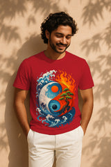 “Yin-Yang Waves & Fire Bonsai” Zen Balance Graphic T-Shirt – Tao Symbol Ocean & Flame Art, 100% Cotton Regular Fit Streetwear Tee