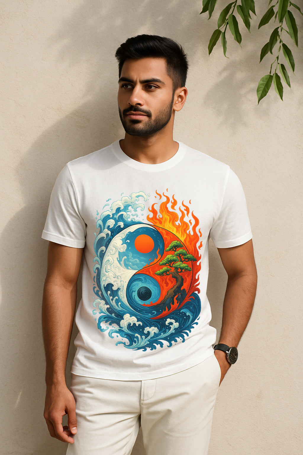 “Yin-Yang Waves & Fire Bonsai” Zen Balance Graphic T-Shirt – Tao Symbol Ocean & Flame Art, 100% Cotton Regular Fit Streetwear Tee